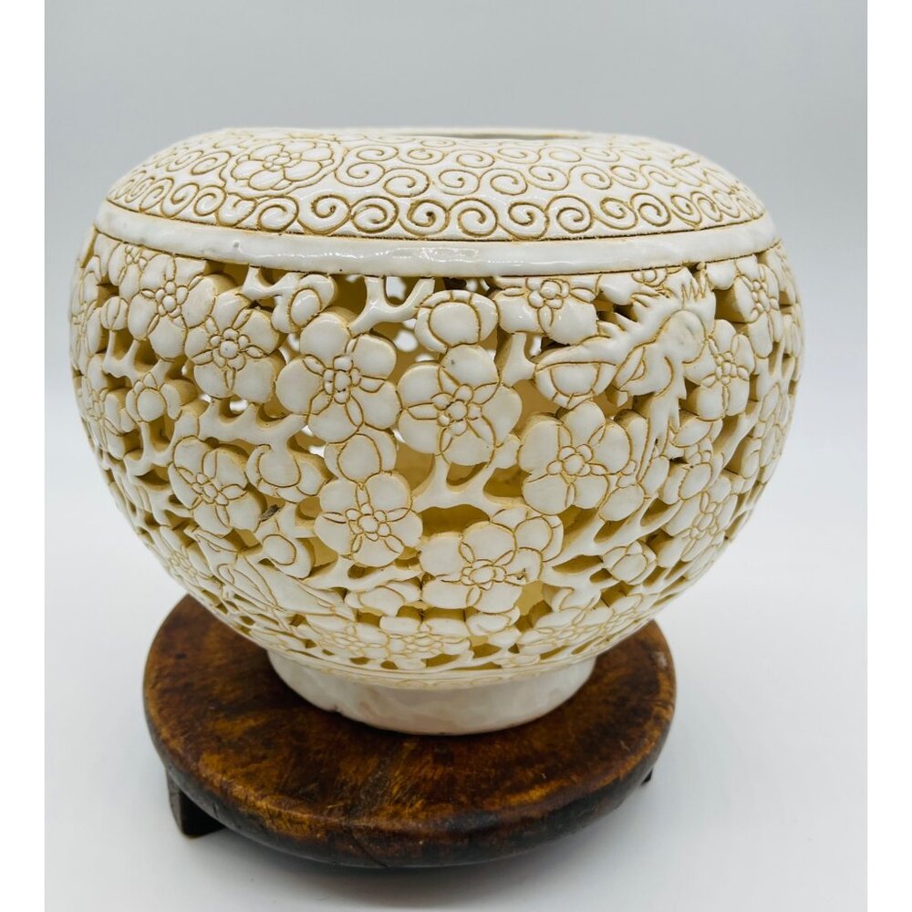 Vintage Hand-Carved Floral Ivory Ceramic Lantern Vase